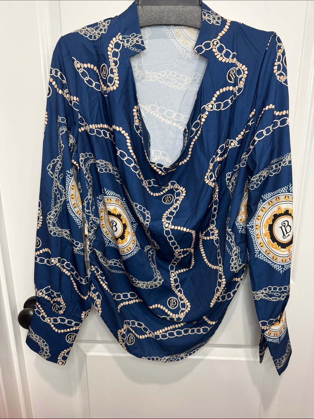 Navy Blue Chain-Print Draped Blouse